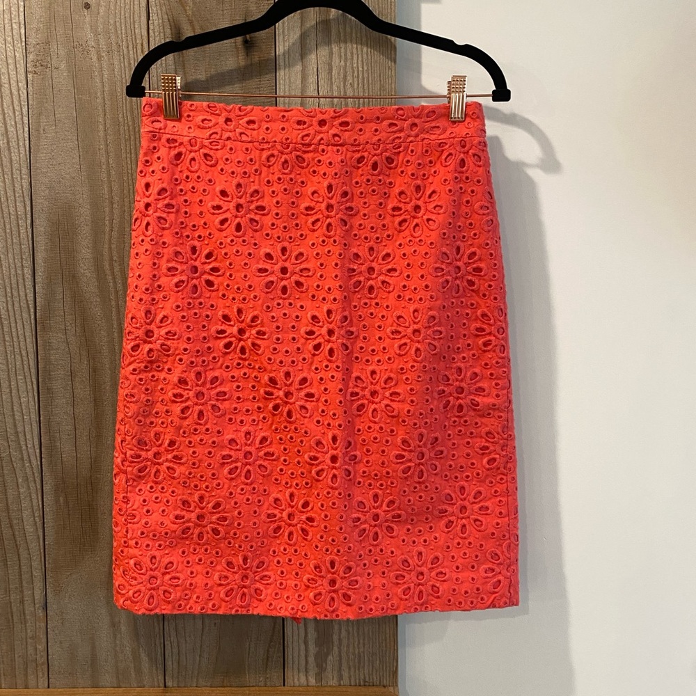 J. Crew Hot Coral Floral Embroidered Lined No. 2 Pencil Skirt, Size 4
